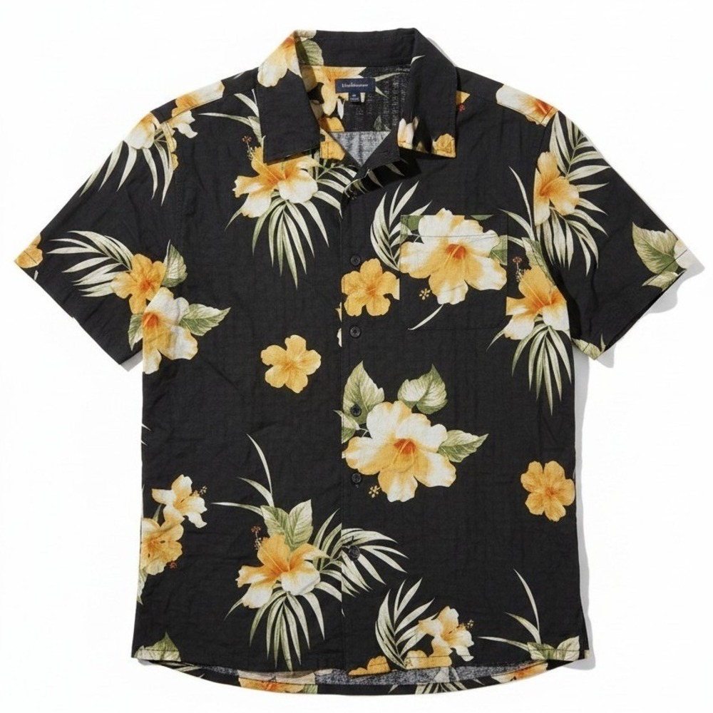Croft & Barrow Silk Rayon Black Tropical Hibiscus Floral Shirt, Men's Small